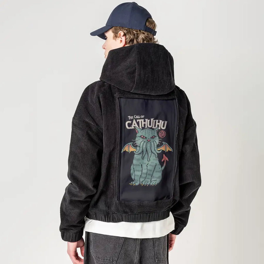 callofcathulu patch on male retro cord hoodie in onyx