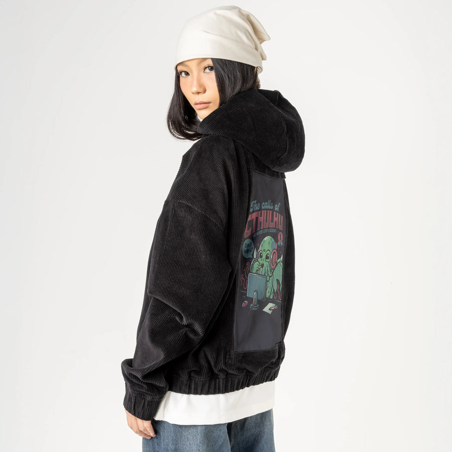 callsofcthulhu patch on female retro cord hoodie in onyx