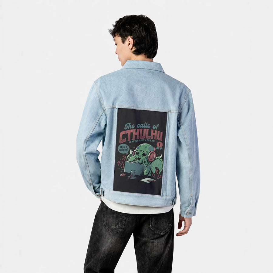 callsofcthulhu patch on male og denim jacket in oceanside