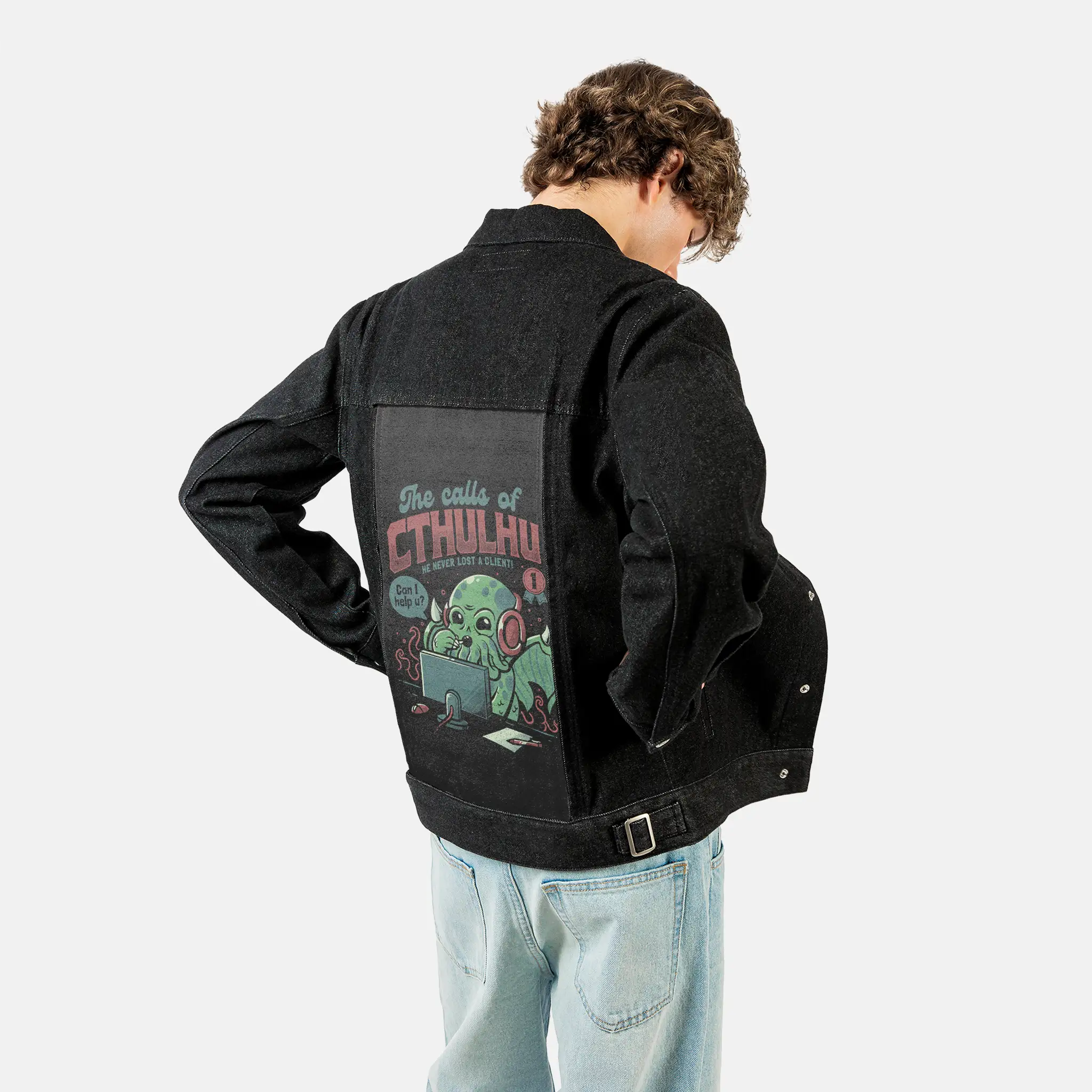 callsofcthulhu patch on male og denim jacket in raven