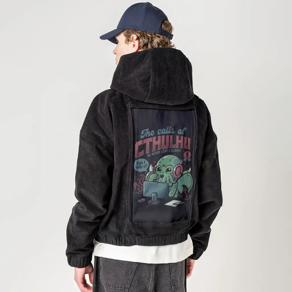 callsofcthulhu patch on male retro cord hoodie in onyx