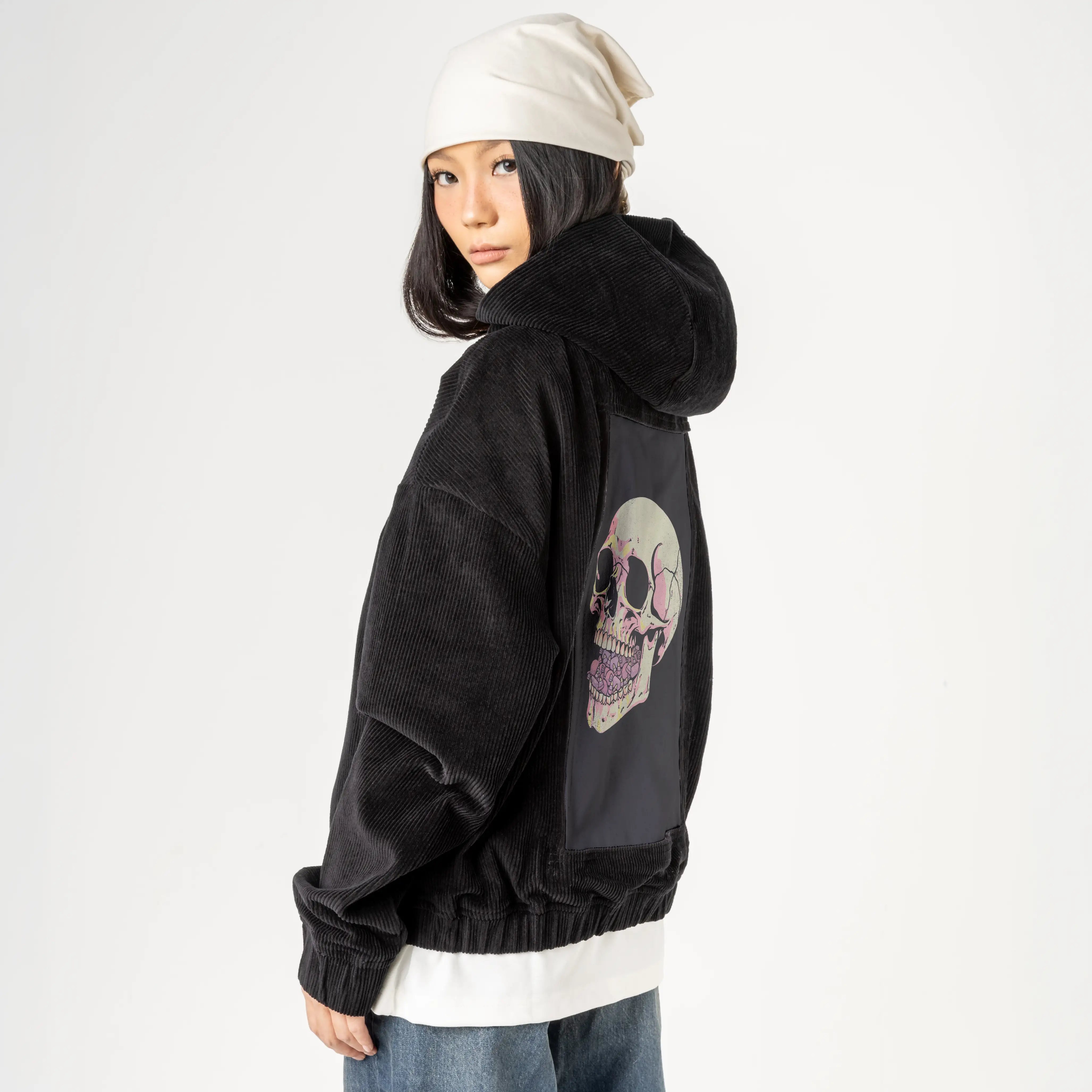 candyaddict patch on female retro cord hoodie in onyx