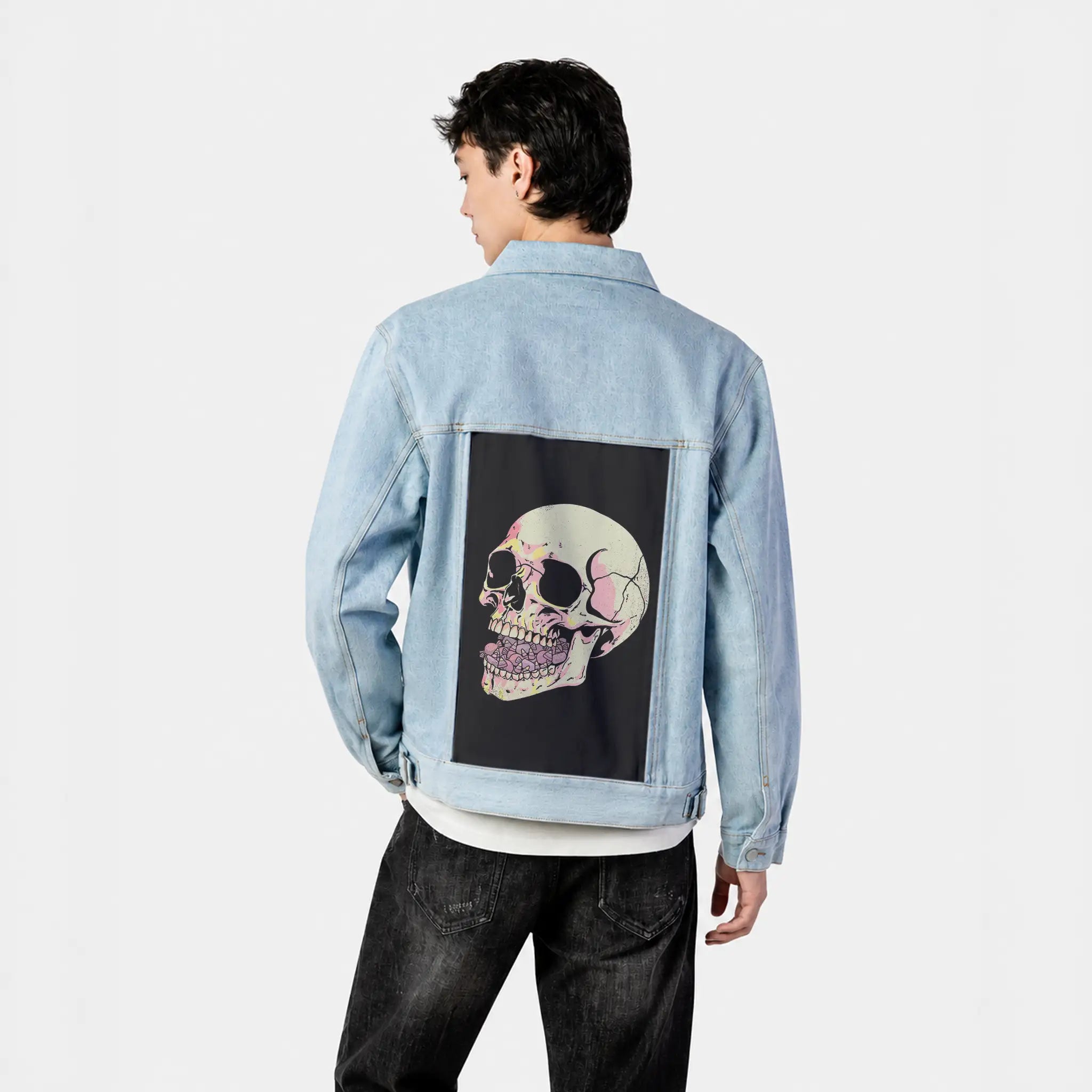 candyaddict patch on male og denim jacket in oceanside