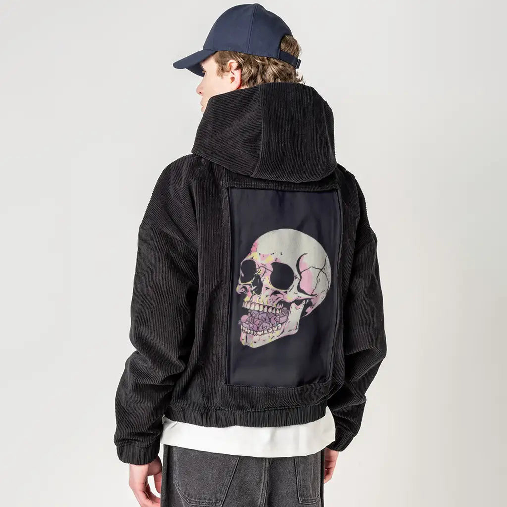 candyaddict patch on male retro cord hoodie in onyx
