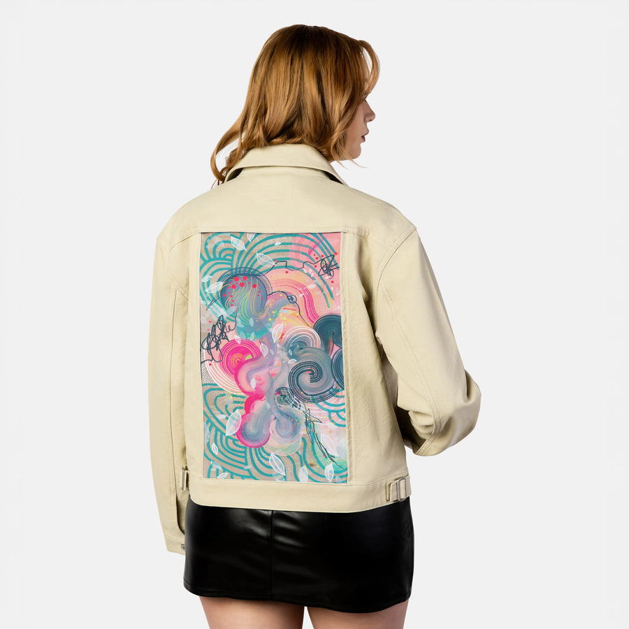 candyfloss patch on female atelier canvas jacket in tan