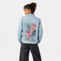 candyfloss patch on female og denim jacket in oceanside