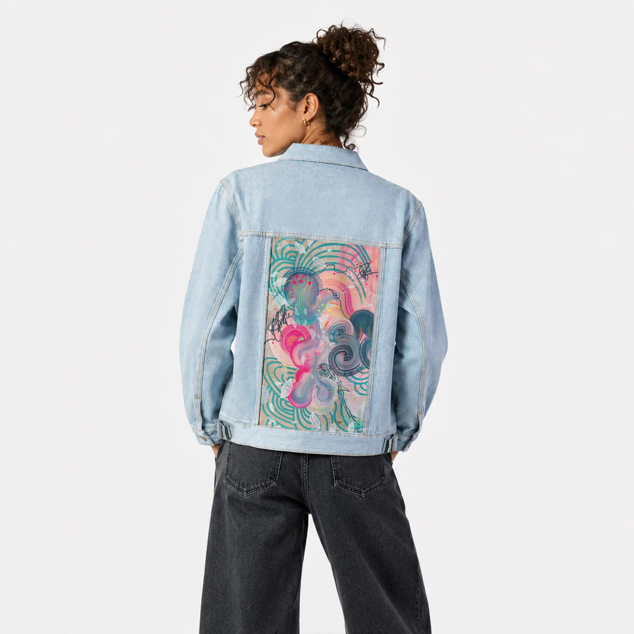 candyfloss patch on female og denim jacket in oceanside