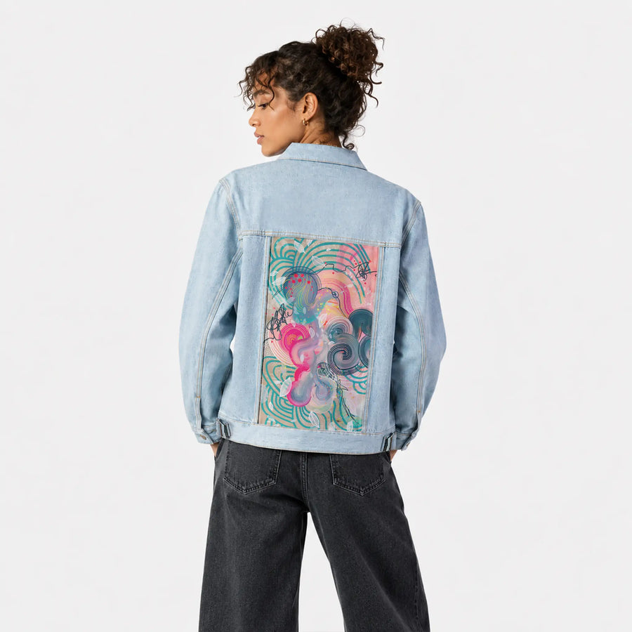candyfloss patch on female og denim jacket in oceanside