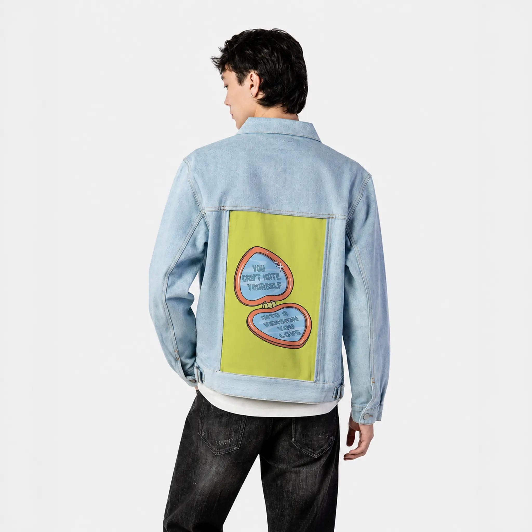 canthate patch on male og denim jacket in oceanside