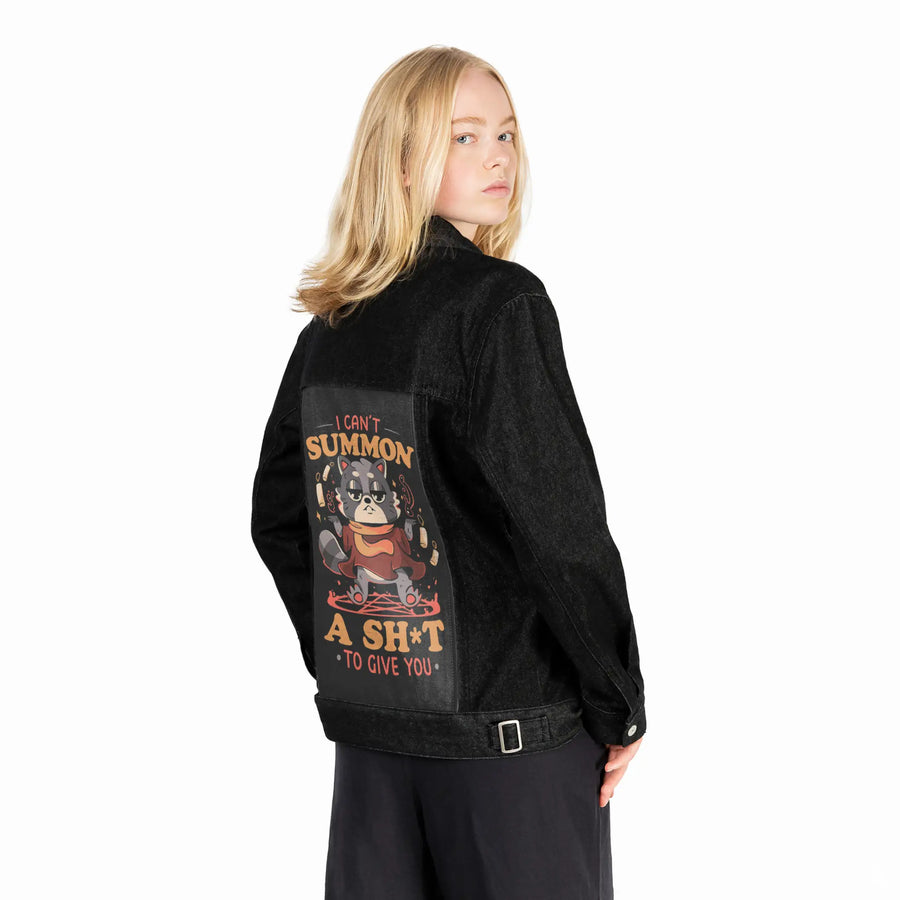 cantsummoncrap patch on female og denim jacket in raven