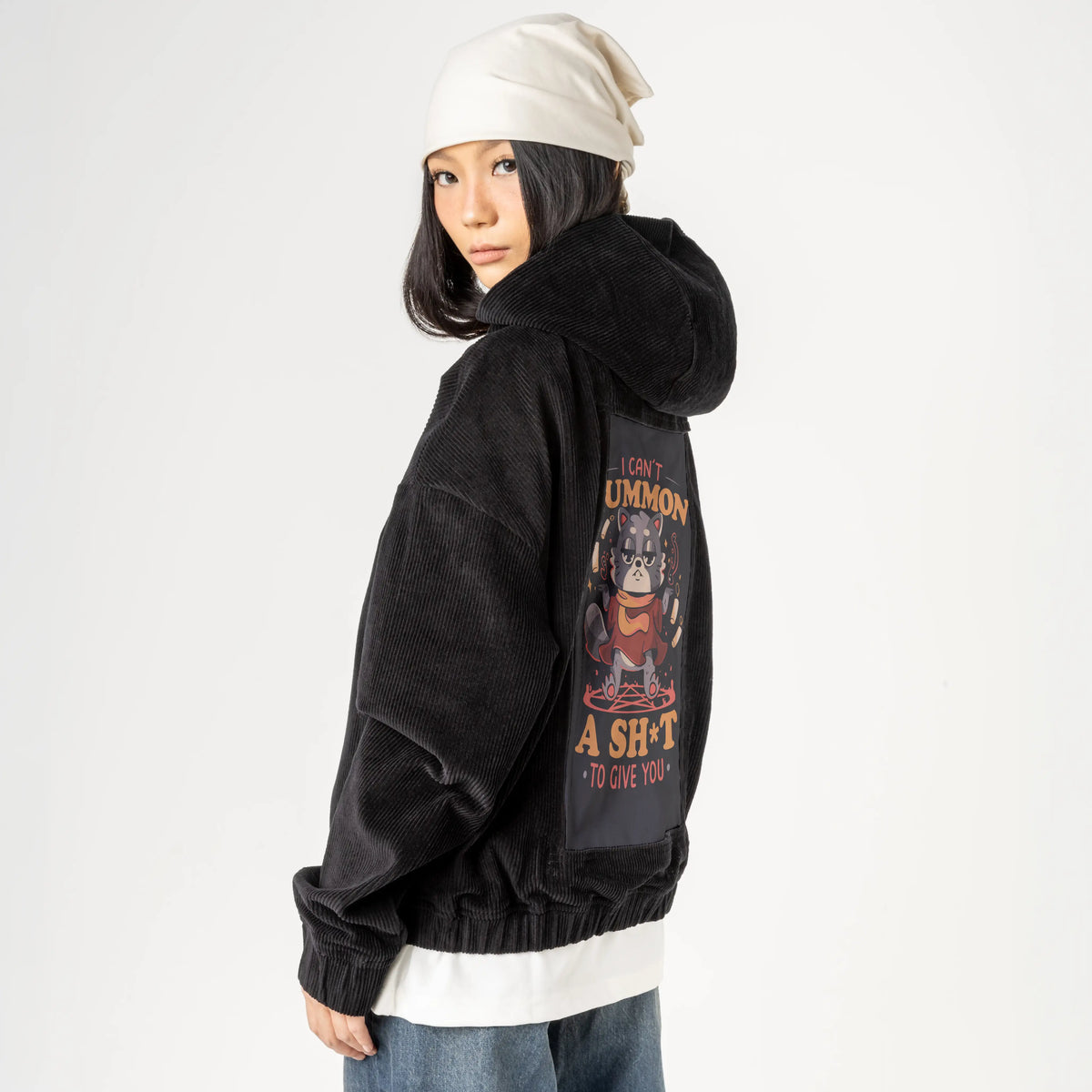 cantsummoncrap patch on female retro cord hoodie in onyx