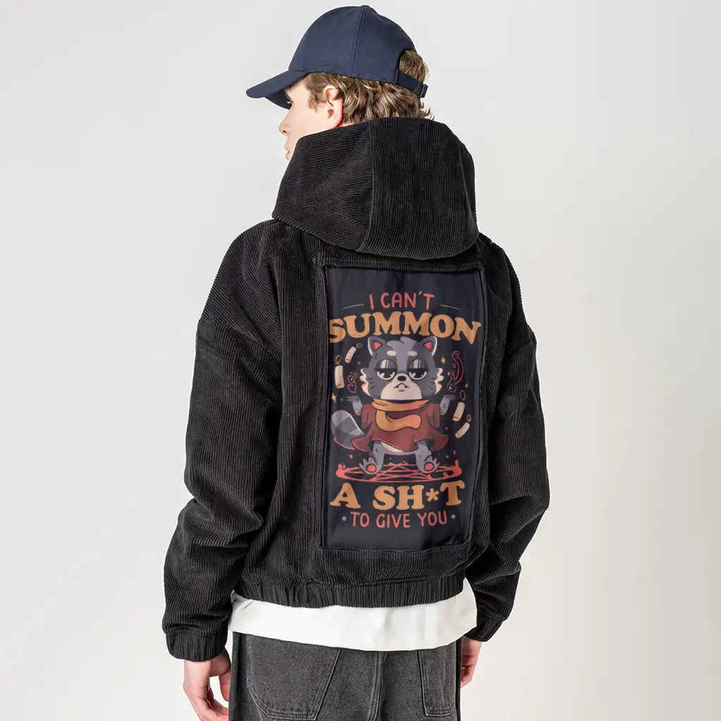 cantsummoncrap patch on male retro cord hoodie in onyx