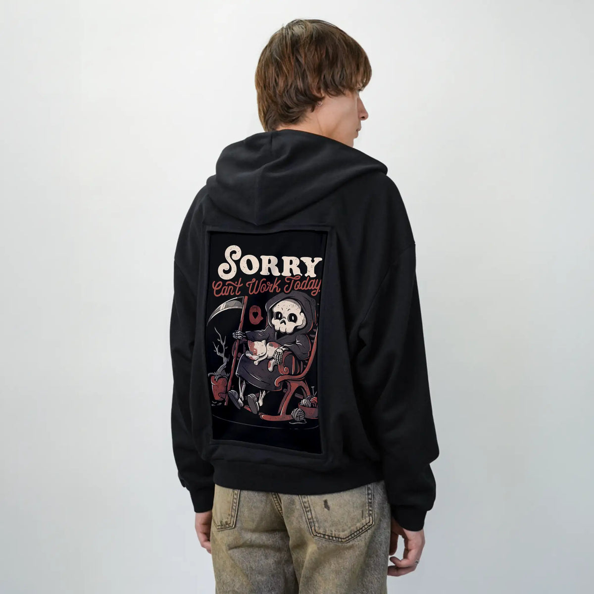 cantworktoday patch on male essential zip hoodie in after hours