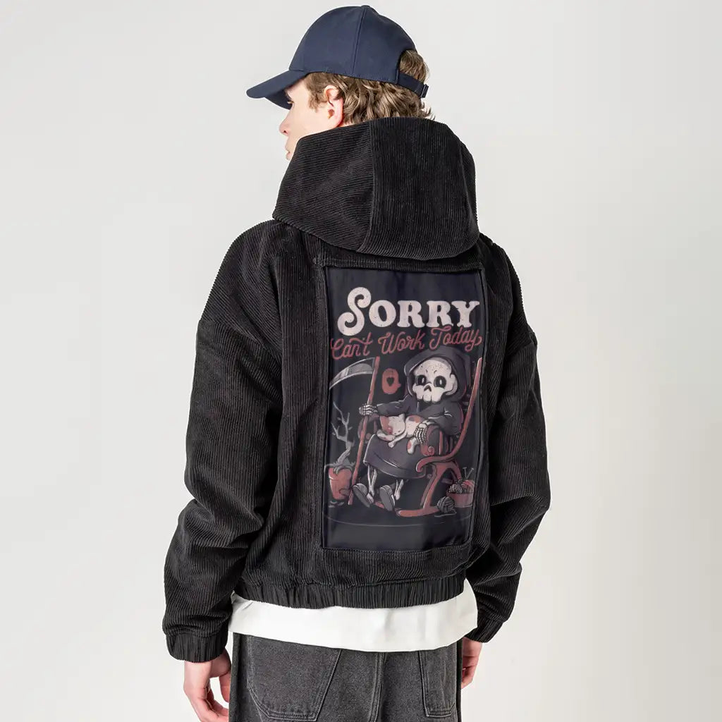 cantworktoday patch on male retro cord hoodie in onyx