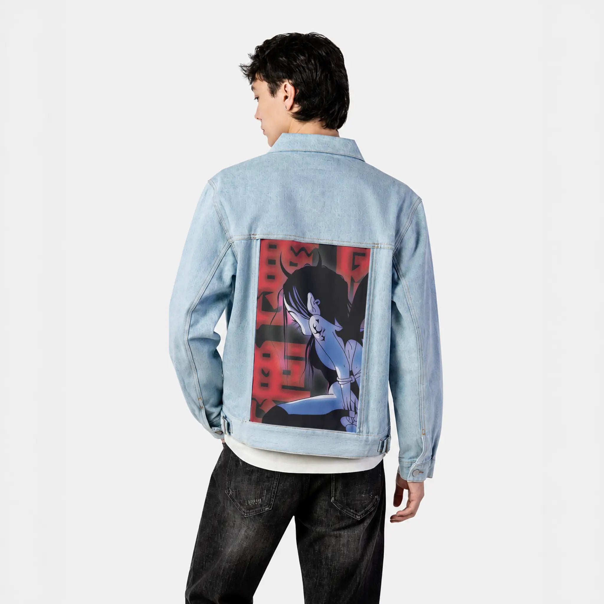 captured patch on male og denim jacket in oceanside