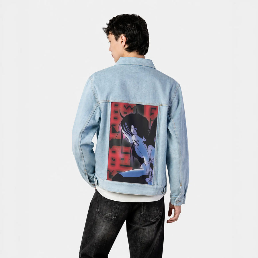 captured patch on male og denim jacket in oceanside