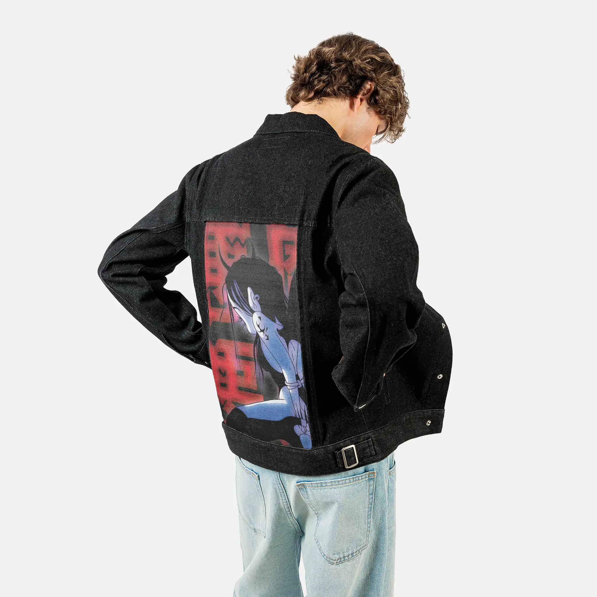 captured patch on male og denim jacket in raven