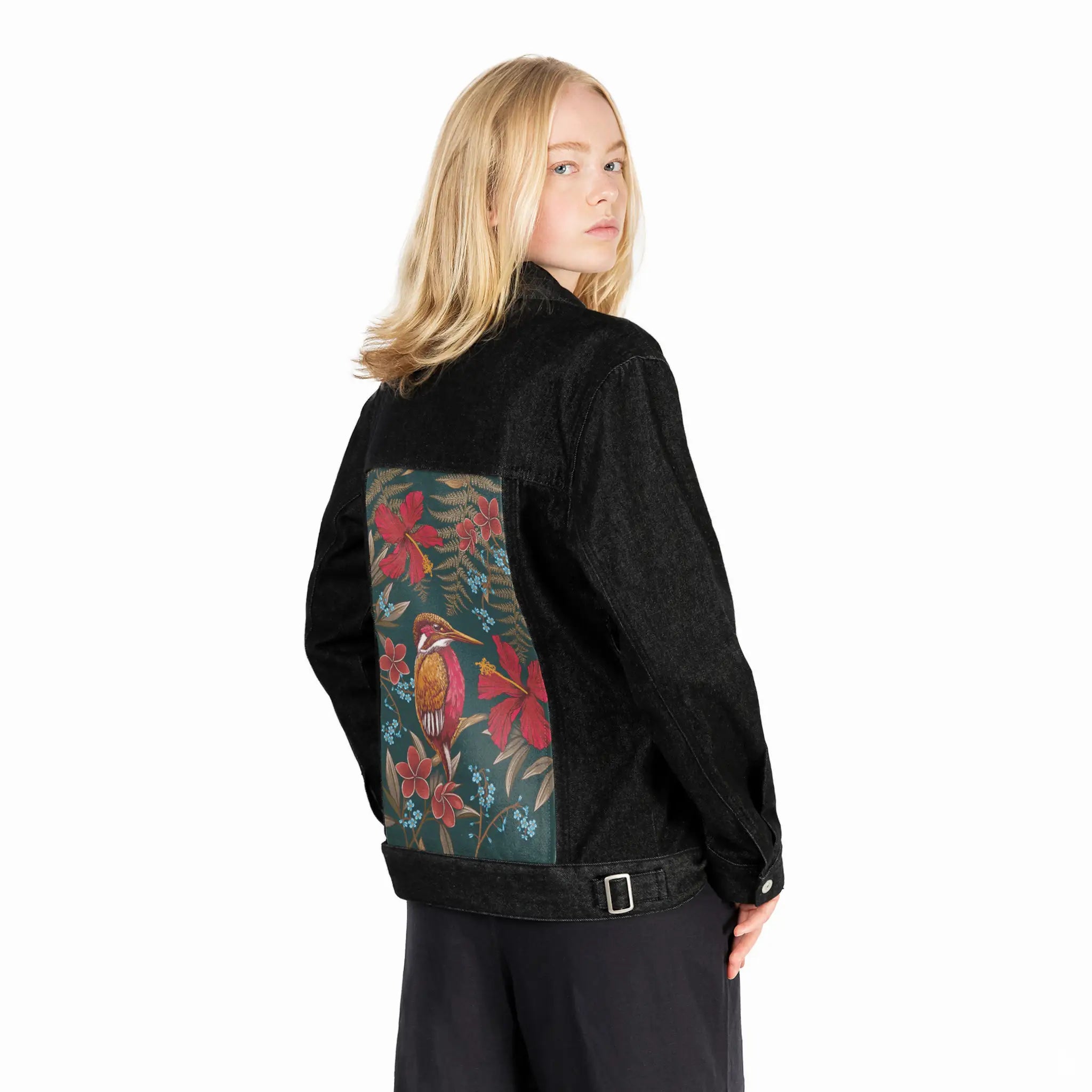 carminehummingbird patch on female og denim jacket in raven