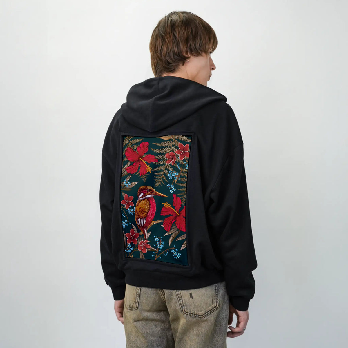 carminehummingbird patch on male essential zip hoodie in after hours