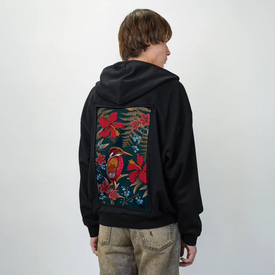 carminehummingbird patch on male essential zip hoodie in after hours