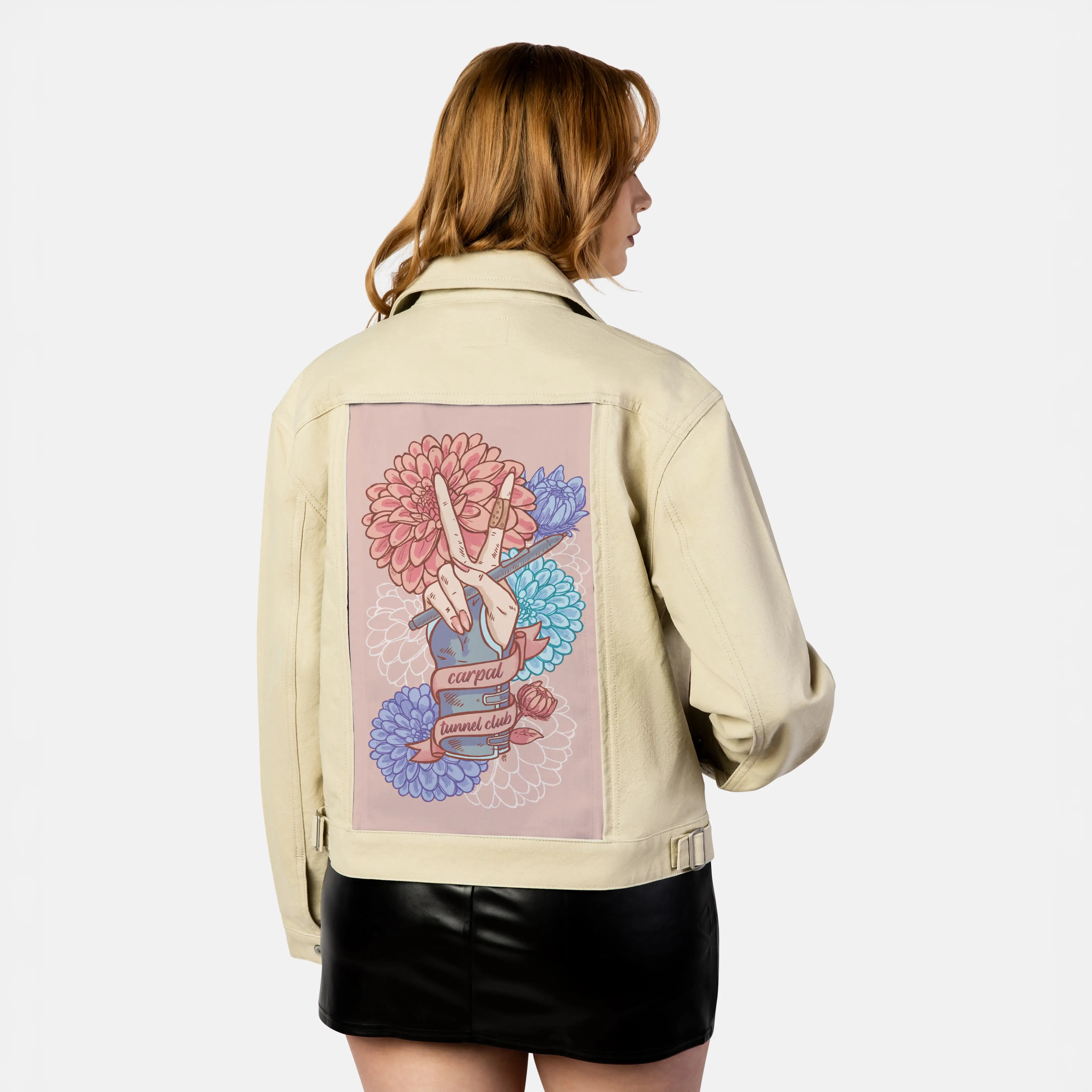 carpaltunnel patch on female atelier canvas jacket in tan