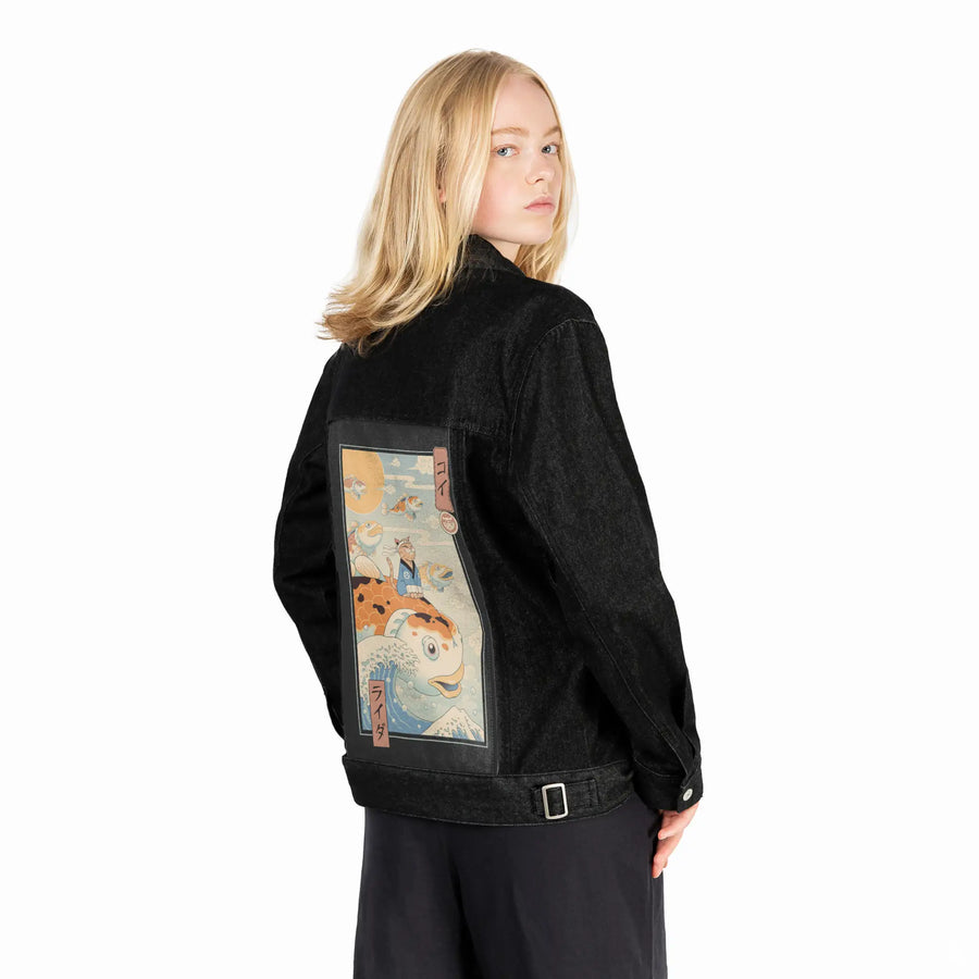 carpridermeowster patch on female og denim jacket in raven