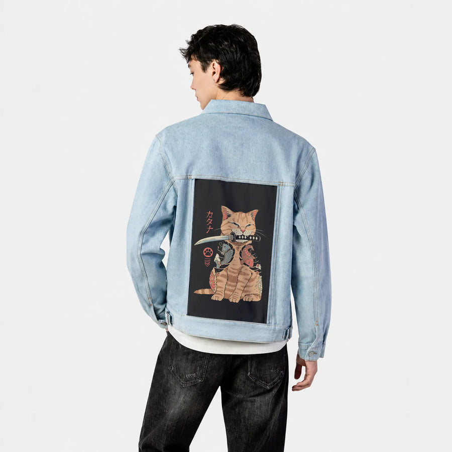 catana patch on male og denim jacket in oceanside