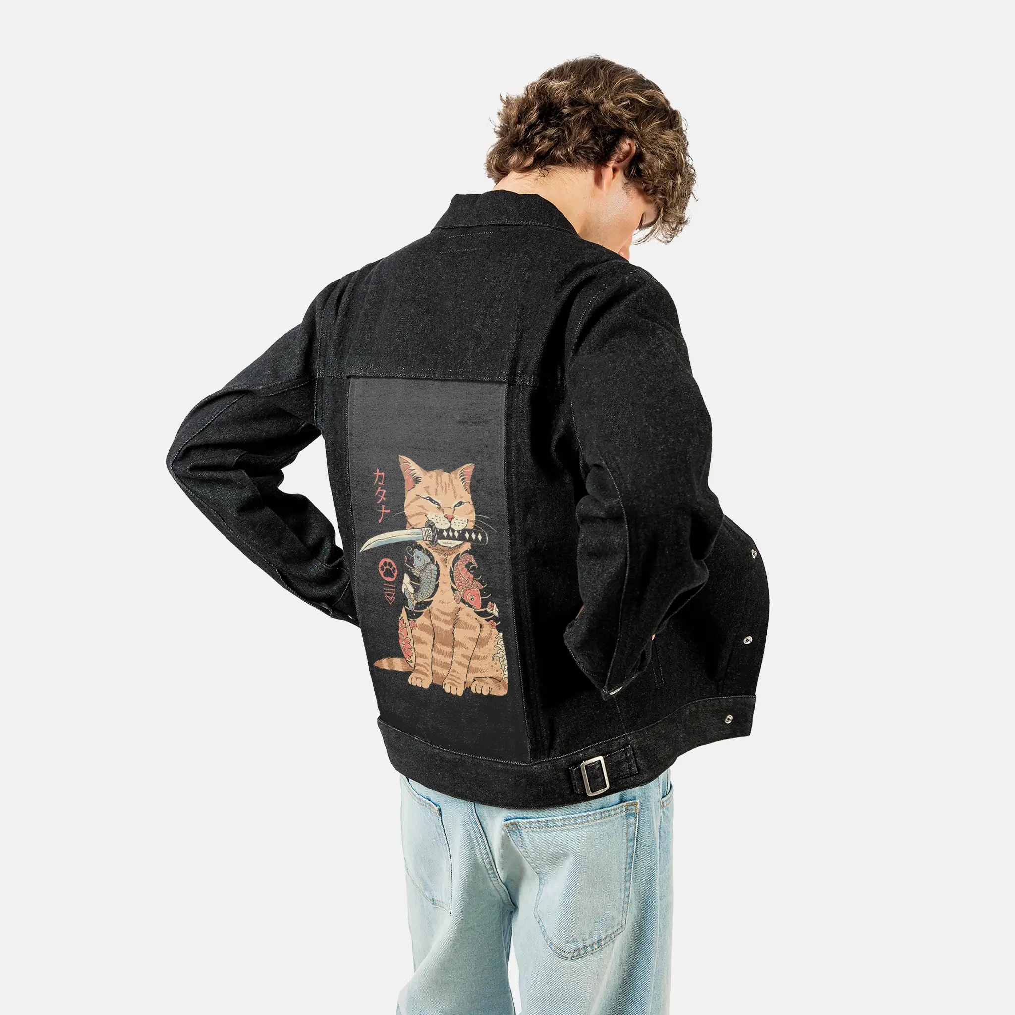 catana patch on male og denim jacket in raven