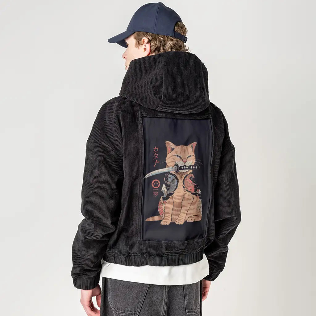 catana patch on male retro cord hoodie in onyx
