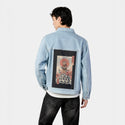 catanaassassin patch on male og denim jacket in oceanside
