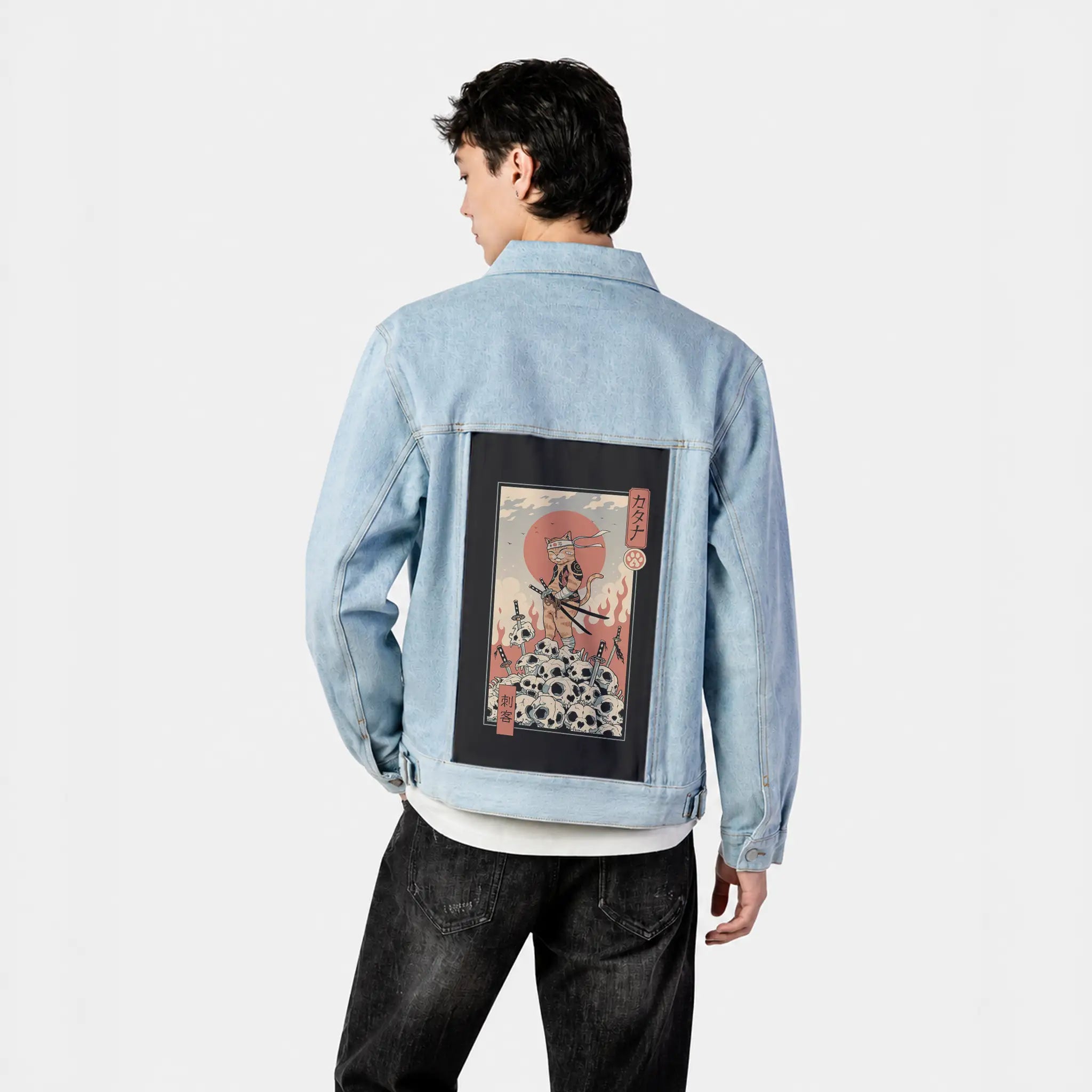 catanaassassin patch on male og denim jacket in oceanside