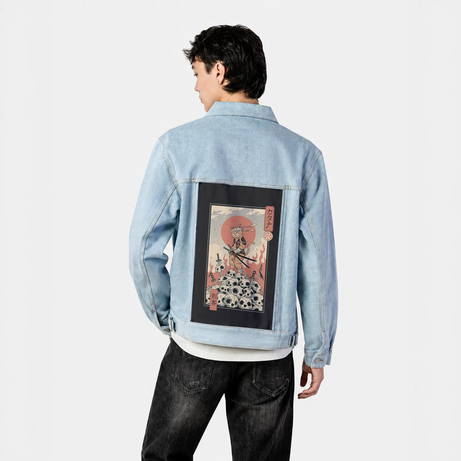 catanaassassin patch on male og denim jacket in oceanside