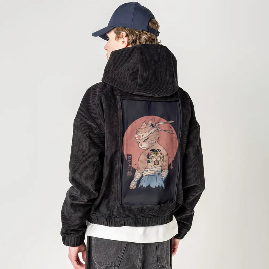 catanadamage patch on male retro cord hoodie in onyx