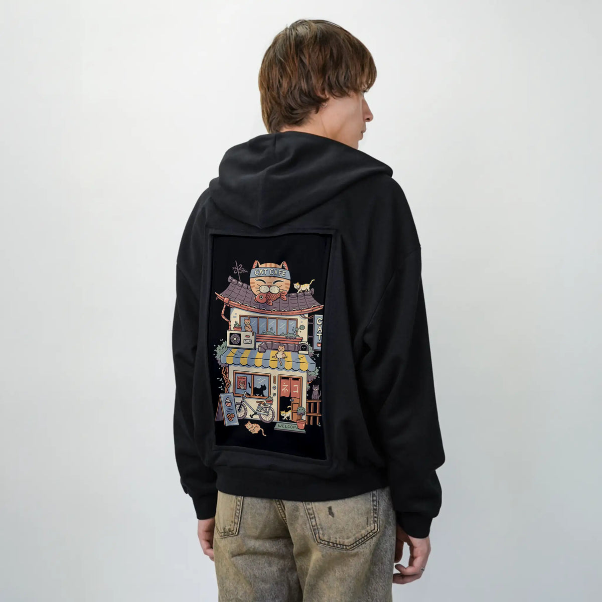 catcafe patch on male essential zip hoodie in after hours
