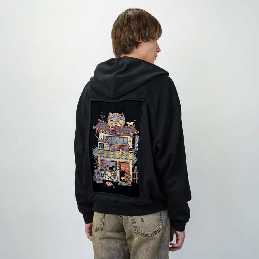 catcafe patch on male essential zip hoodie in after hours