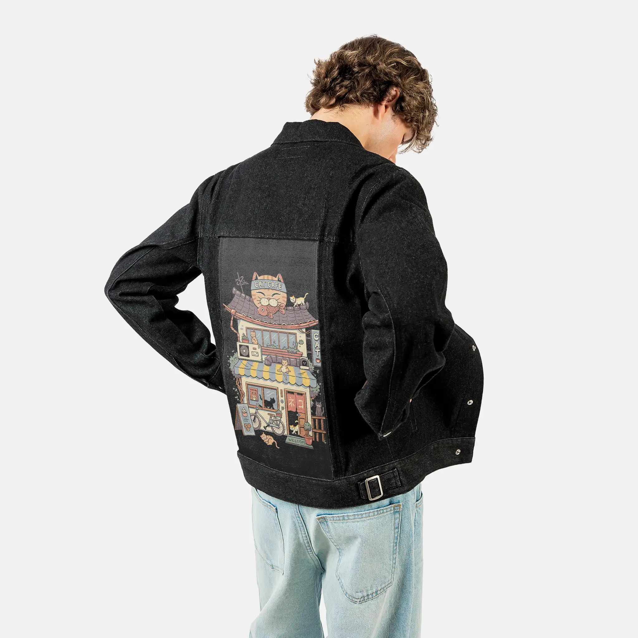 catcafe patch on male og denim jacket in raven