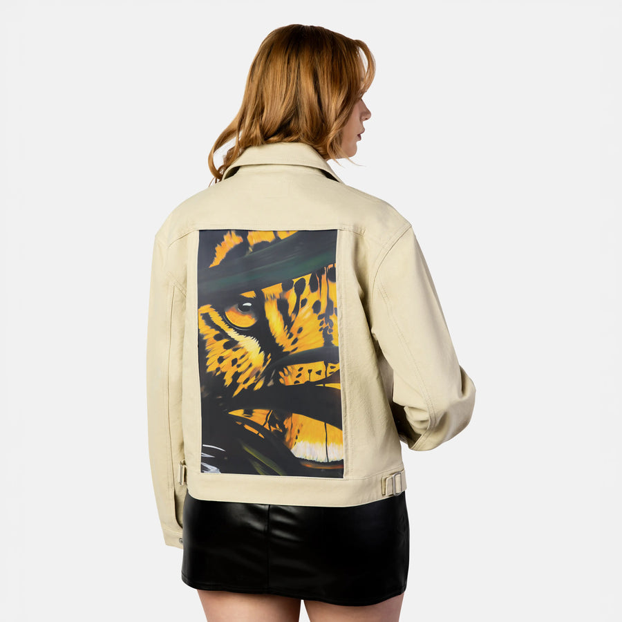 catchmeifyoucan patch on female atelier canvas jacket in tan