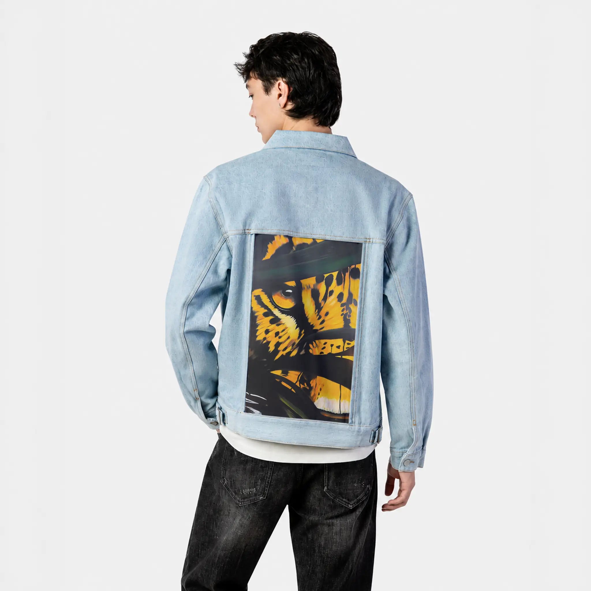 catchmeifyoucan patch on male og denim jacket in oceanside