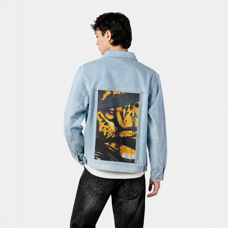 catchmeifyoucan patch on male og denim jacket in oceanside