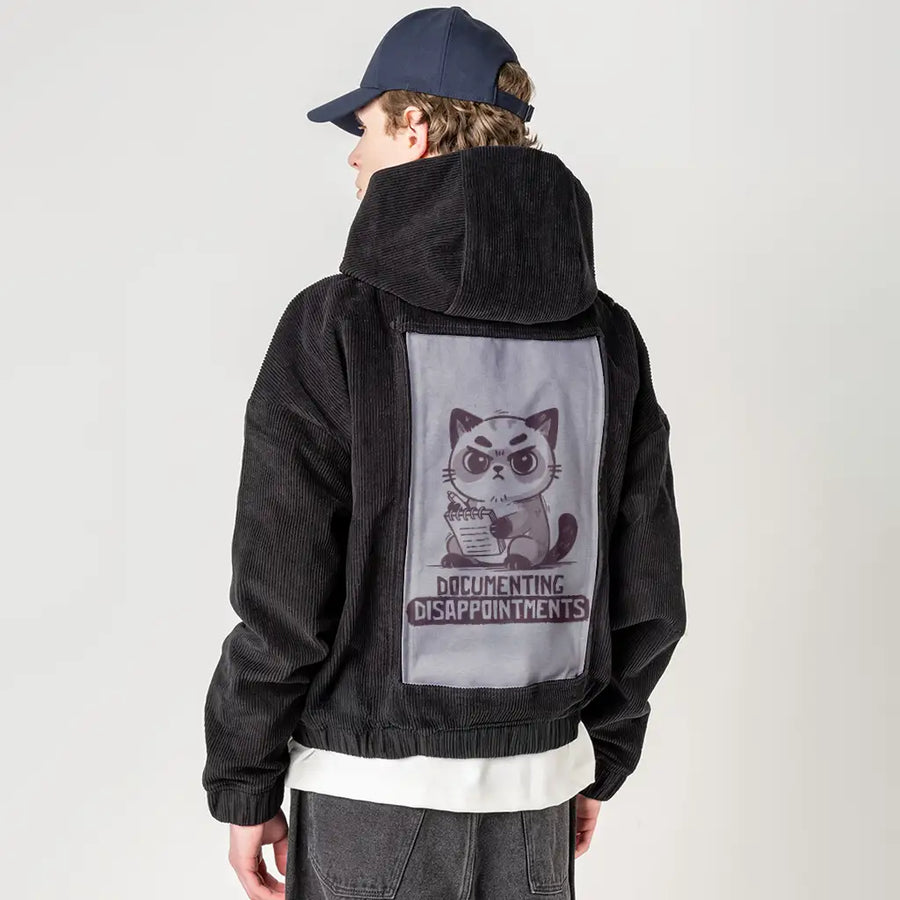 catdocumentation patch on male retro cord hoodie in onyx