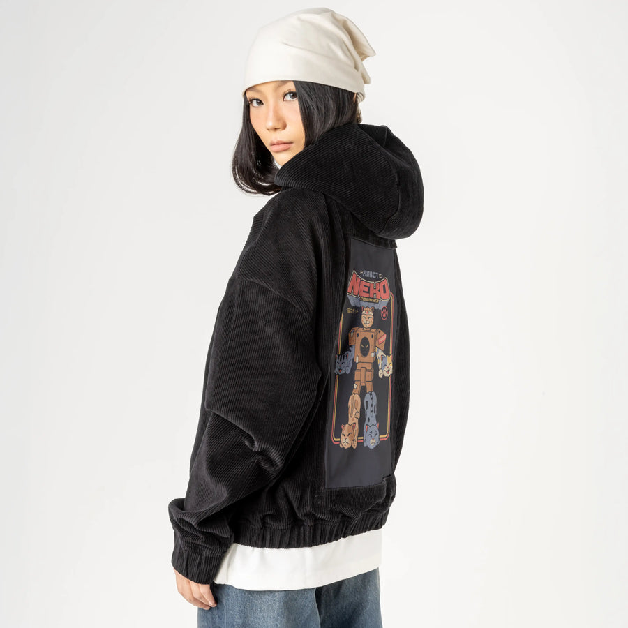 catrobocombiner patch on female retro cord hoodie in onyx