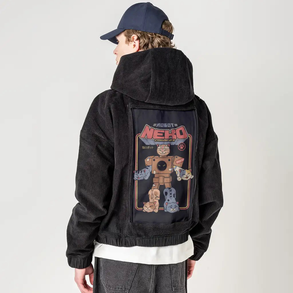catrobocombiner patch on male retro cord hoodie in onyx