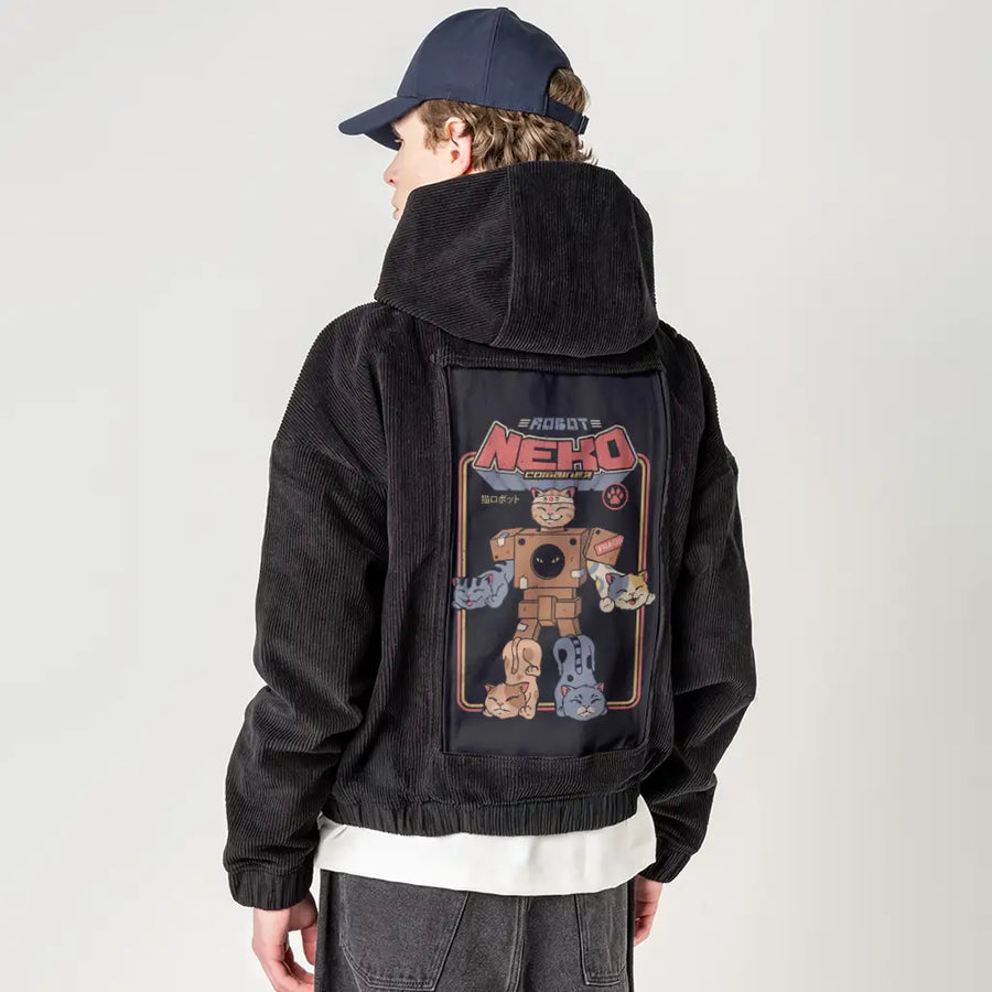 catrobocombiner patch on male retro cord hoodie in onyx