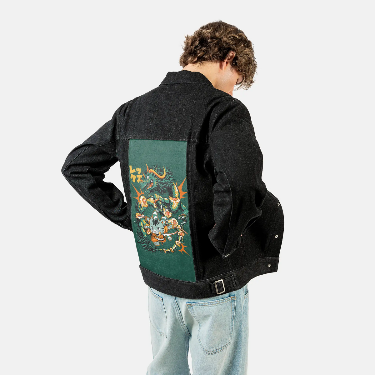 catsamurai patch on male og denim jacket in raven