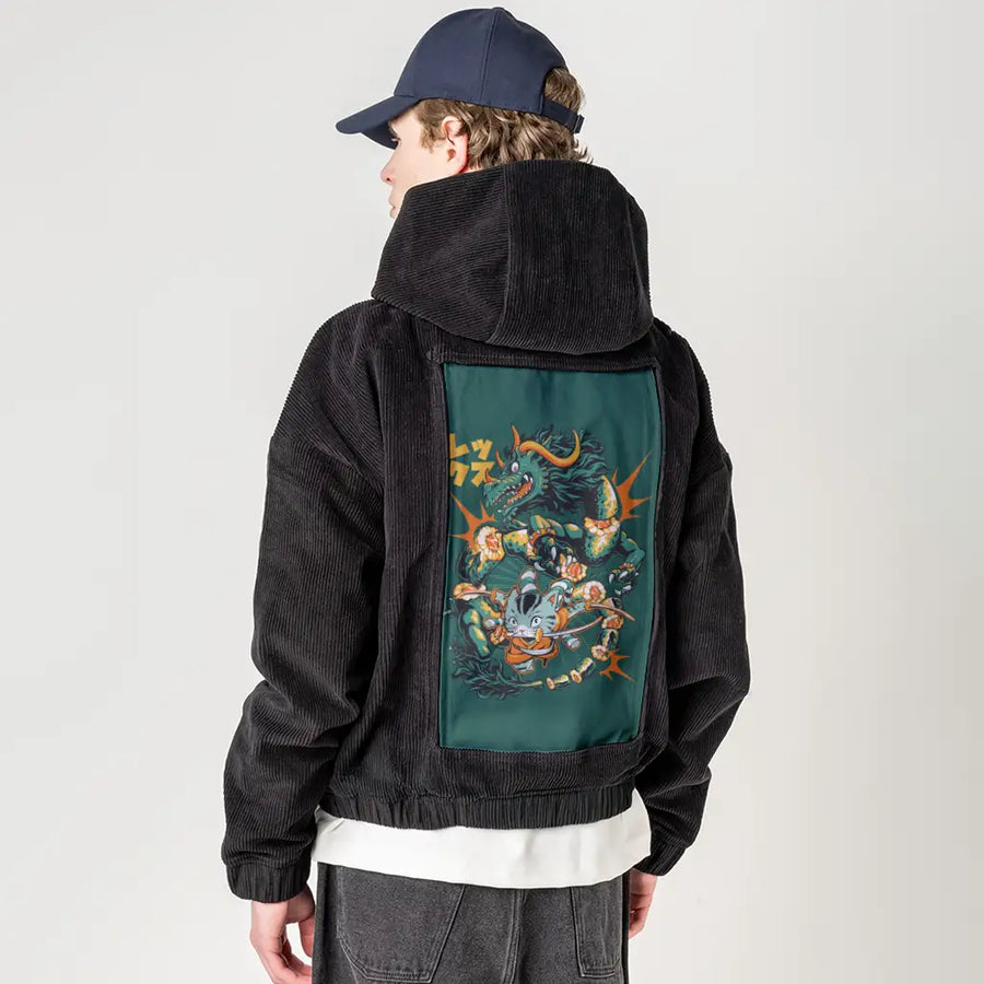 catsamurai patch on male retro cord hoodie in onyx