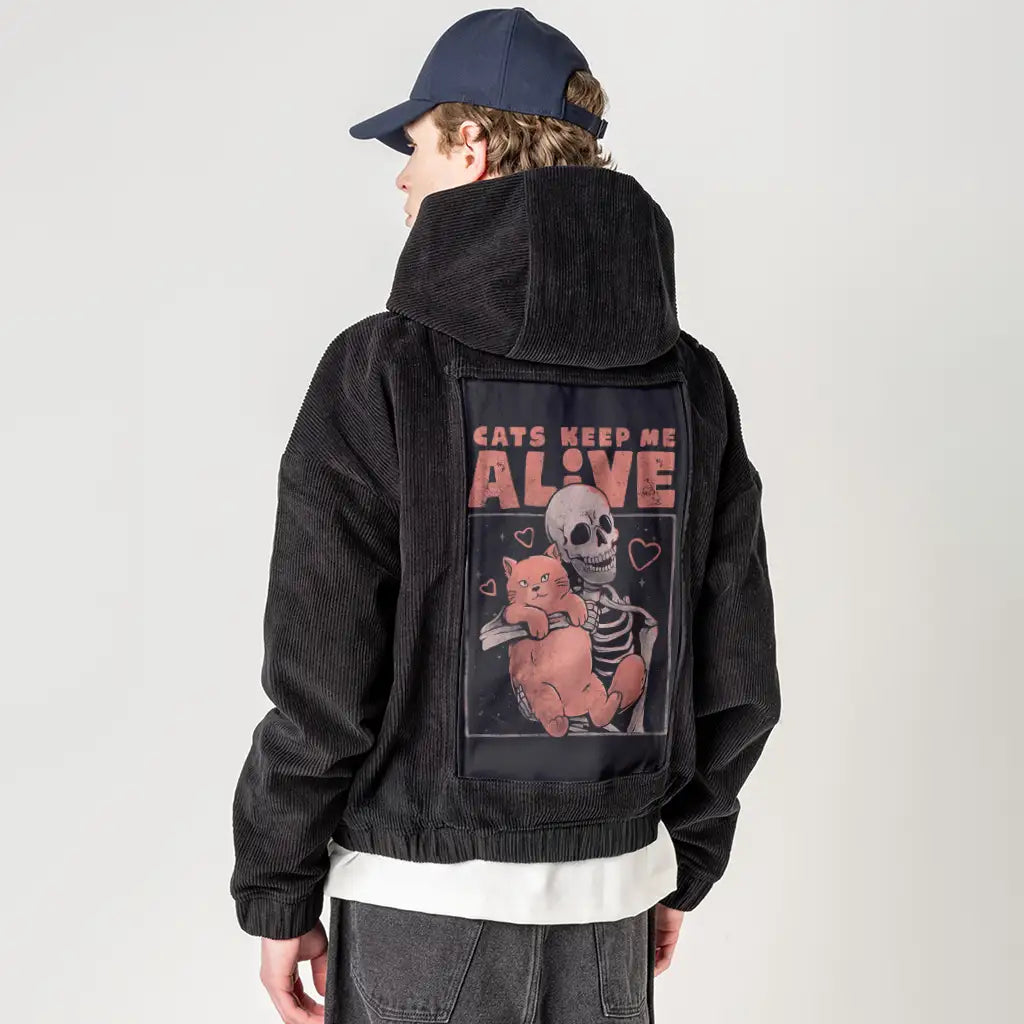 catskeepmealive patch on male retro cord hoodie in onyx