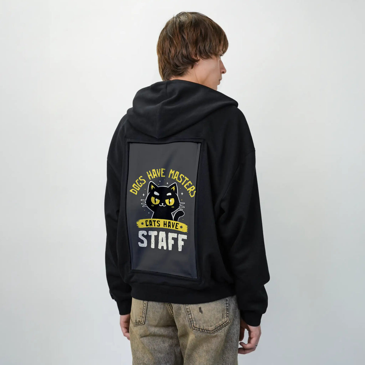 catstaff patch on male essential zip hoodie in after hours