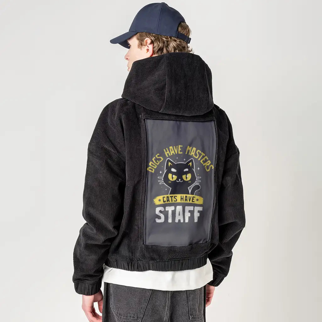 catstaff patch on male retro cord hoodie in onyx