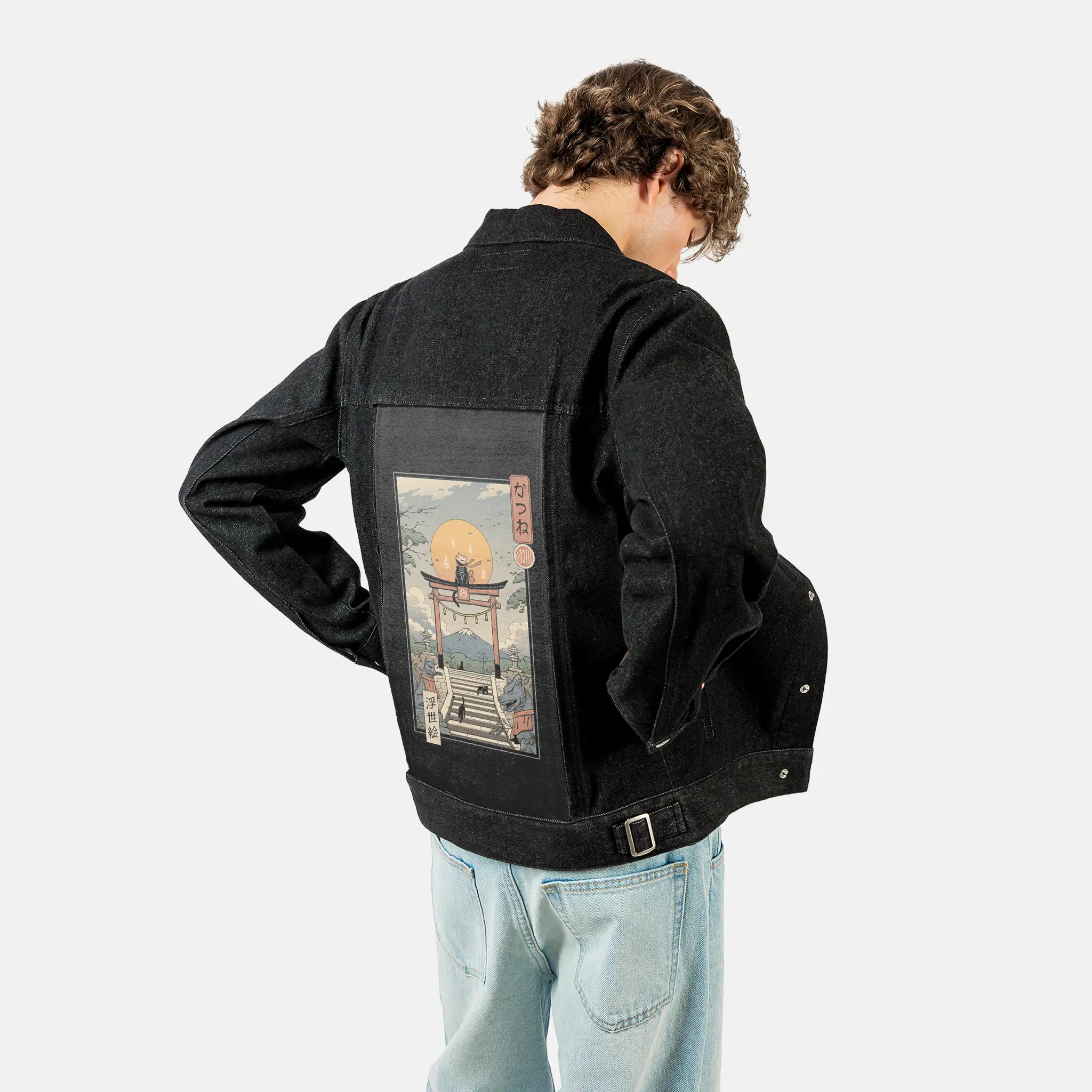 catsune patch on male og denim jacket in raven
