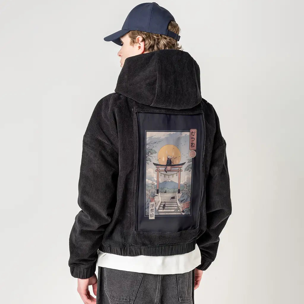 catsune patch on male retro cord hoodie in onyx